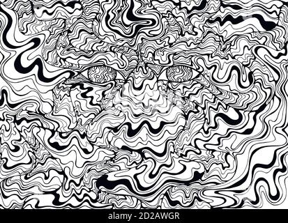 Coloring page psychedelic alien eyes with waves. Fantastic art Stock Vector