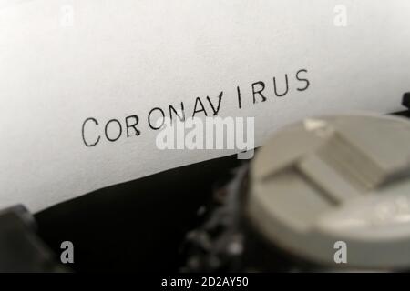 Close up printed text Coronavirus on an old typewriter Stock Photo