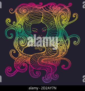 Psychedelic colorful woman, bright gradient outline. Surreal fan Stock Vector