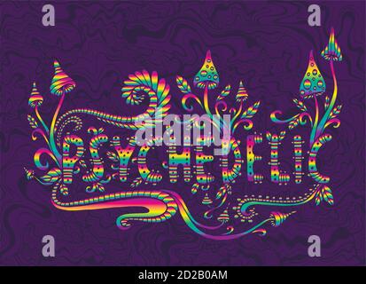 Rainbow fantasy mushrooms, plants and word psychedelic, isolated Stock Vector