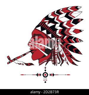 Red-skinned Indian shaman in ethnic costum smokes a pipe of peac Stock Vector