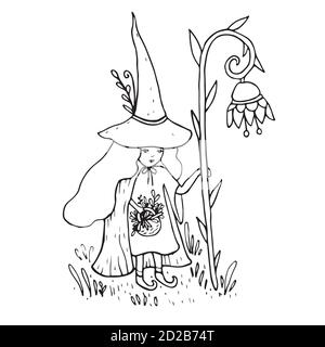 Little sorceress with a staff in the form of a flower collects h Stock Vector