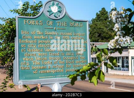 Forks of the Road historical marker sign for the Natchez Slave Market, the second largest slave market in the south, Natchez, Mississippi, USA. Stock Photo