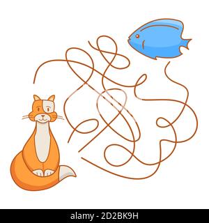 Maze game, education game for children.Help the cat to find the fish. Stock Vector