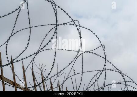 Barbed wire on a fence against a gray sky Stock Photo