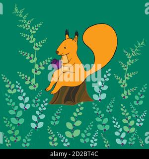 Fantasy squirrel sitting on a stump in the woods Stock Vector