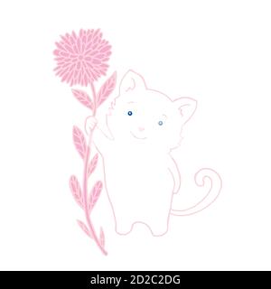 Cute fluffy white kitten with blue eyes holds a big pink flower. Stock Vector