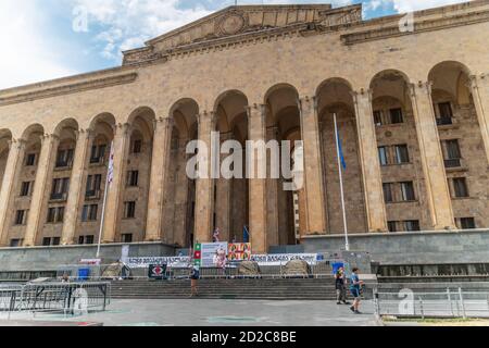 Tbilisi, Georgia - June 28, 2019. Parliament building during rallies in Tbilisi on a sunny day Stock Photo