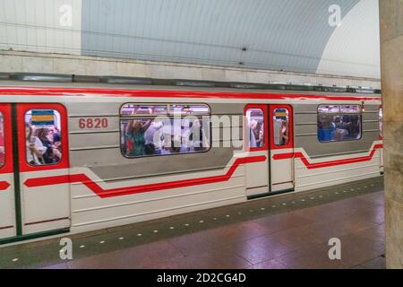 Tbilisi, Georgia - June 29, 2019: People in a car at a metro station in Tbilisi Stock Photo