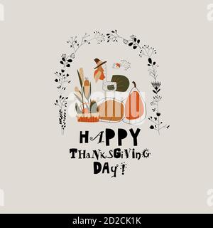 Funny turkey with harvest in autumn wreath Stock Vector
