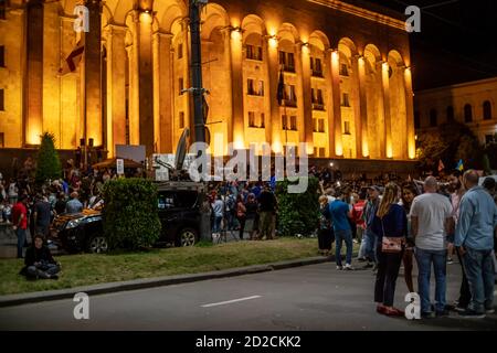 Tbilisi, Georgia - June 29 2019: People near the parliament in Tbilisi at night, protests, peaceful rallies. Freedom of speech concept Stock Photo