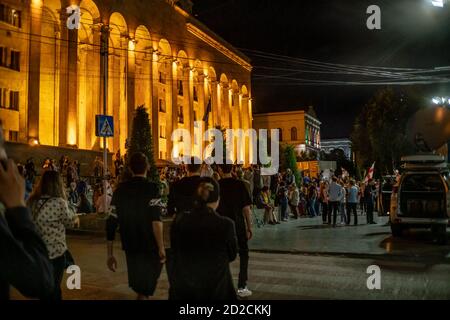 Tbilisi, Georgia - June 29 2019: People near the parliament in Tbilisi at night, protests, peaceful rallies. Freedom of speech concept Stock Photo