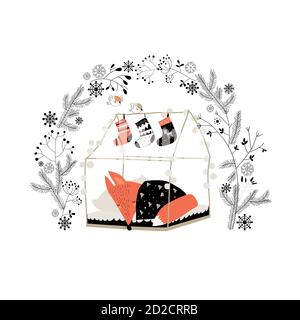 Funny cartoon fox sleeping in cute bed Stock Vector