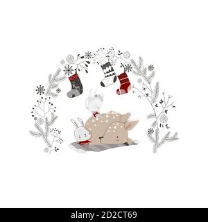 Funny cartoon deer sleeping with little rabbits Stock Vector
