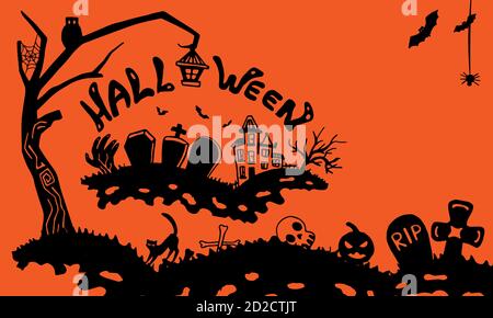 Halloween postcard with copy space on orange backdrop. Celebration symbol for invitation or gift card, notebook, bath tile, scrapbook. Phone case or c Stock Vector
