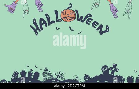 Halloween banner on green backdrop. Holiday postcard with copy space for invitation or gift card, notebook, bath tile, scrapbook. Phone case or cloth Stock Vector