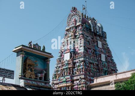 Chennai, India - February 6, 2020: View of Sri Parthasarathy Temple against the blue sky on February 6, 2020 in Chennai, India Stock Photo