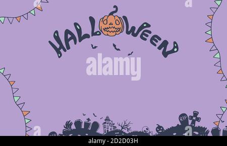 Halloween banner on purple backdrop. Holiday postcard with copy space for invitation or gift card, notebook, bath tile, scrapbook. Phone case or cloth Stock Vector