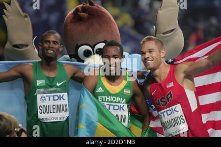 Ayanleh Souleiman of Djibouti , Mohammed Aman of Ethioipie and Nick Symmonds of USA Finale 800 M Men   During the Championnat du Monde Athlétisme 2013, on August 10 2013 in Moscou - Photo Laurent Lairys / DPPI Stock Photo