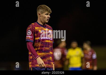 Barry, Wales, UK. 6th Oct, 2020. Harry Warwick of Cardiff Met in action against Barry Town. Barry Town United v Cardiff Met at Jenner Park in the JD Cymru Premier on the 6th October 2020. Credit: Lewis Mitchell/Alamy Live News Stock Photo