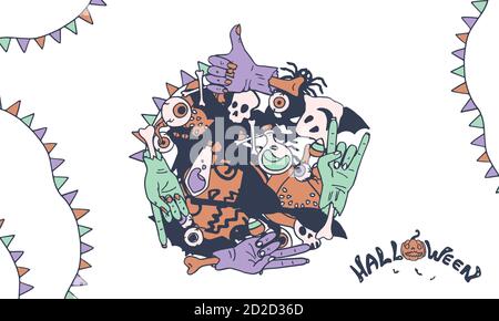 Halloween banner on white isolated backdrop. Postcard with copy space for invitation or gift card, notebook, bath tile, scrapbook. Phone case or cloth Stock Vector