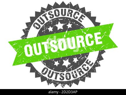 outsource stamp. round grunge sign with ribbon Stock Vector