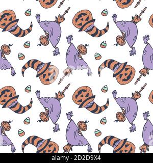 Pumpkin jack in hat on white backdrop. Halloween seamless pattern for wallpaper, wrap paper, sleeper, bath tile, apparel or bed linen Phone case or cl Stock Vector