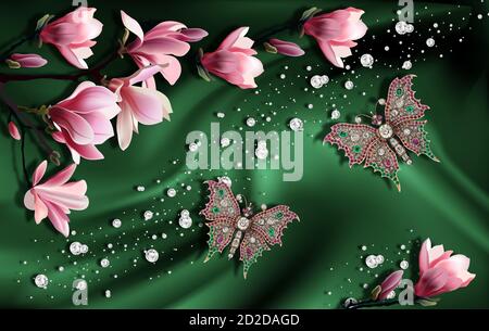 3D wallpaper, Jewelry and magnolia on green silk. Flower theme - this is a trend in interior design. Celebration 3d background. Stock Photo