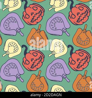 Halloween pumpkin on green backdrop. Halloween seamless pattern for wallpaper, wrap paper, sleeper, bath tile, apparel or bed linen Phone case or clot Stock Vector