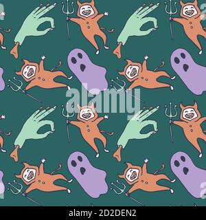 Zombie hand and devil on green backdrop. Halloween seamless pattern for wallpaper, wrap paper, sleeper, bath tile, apparel or bed linen Phone case or Stock Vector