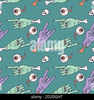 Zombie hand, eyeball on green backdrop. Halloween seamless pattern for wallpaper, wrap paper, sleeper, bath tile, apparel or bed linen Phone case or c Stock Vector