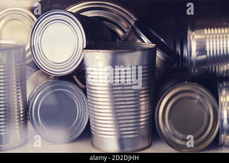 Collected metal cans for recycling, background Stock Photo