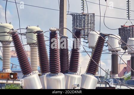 Power transformers in an electrical substation, close-up Stock Photo