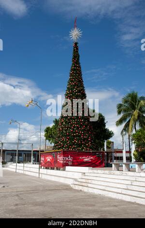 A Christmas tree in the main square of the Itza Mayan town of Flores, El Petén, Guatemala. Stock Photo