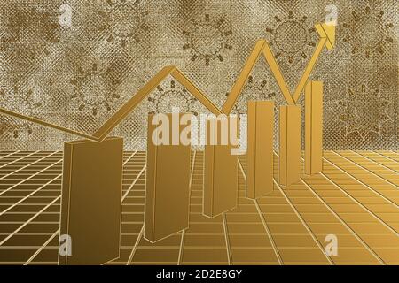 An abstract 3d golden upward trend bar chart and arrow background image. Stock Photo