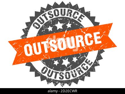 outsource stamp. round grunge sign with ribbon Stock Vector