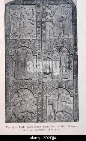 Snagov Monastery, Ilfov County, Romania. Old document showing the 15th century old carved doors with Cyrillic inscriptions of the monastery's chapel. Stock Photo