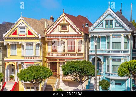 San Francisco, California, United States - August 17, 2016:close up of painted ladies Victorian houses of San Francisco. Urban tourist attraction in Stock Photo
