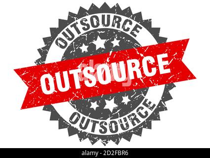 outsource stamp. round grunge sign with ribbon Stock Vector