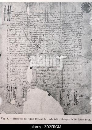 Snagov Monastery, Ilfov County, Romania. Copy of a 15th century document signed by the Wallachian Voivode Vlad III (Vlad Dracula). Stock Photo