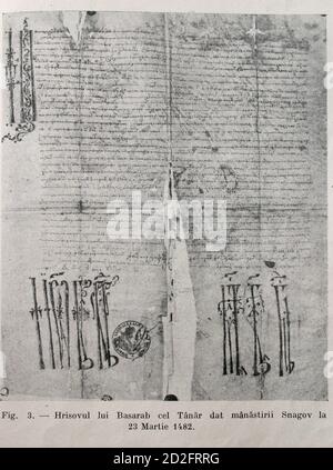 Snagov Monastery, Ilfov County, Romania. Copy of a 15th century document signed by the Wallachian Voivode  Basarab IV. Stock Photo