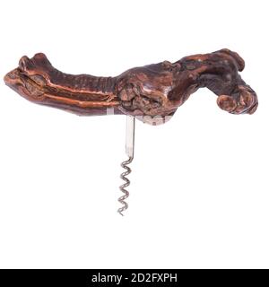 traditional corkscrew with a rough wooden handle in studio on a white background Stock Photo