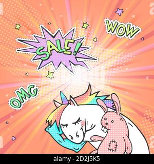 Advertising pop art poster with hand drawn magic unicorn in retro comic style. Speech bubble with text SALE! And stickers WOW, OMG. Vector background. Stock Vector