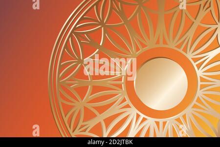 Orange background with a gold patterned circle. Vector Wallpaper with mandala. Stock Vector