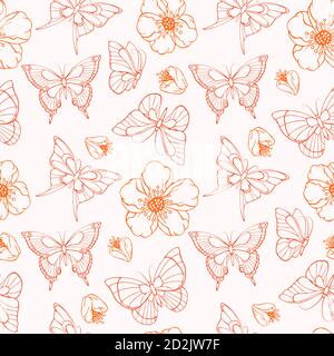 Vector seamless pattern with hand drawn flowers and butterflies. In red and white colors. Stock Vector