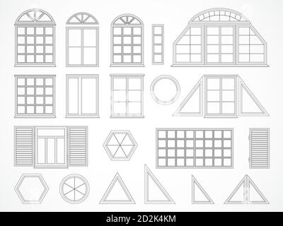 Vector set of black contours windows and shutters. Isolated. Icons. Stock Vector