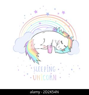 Vector illustration of hand drawn sleeping unicorn with coffee and text - SLEEPING UNICORN on withe background. Cartoon style. Colored. Stock Vector