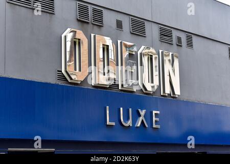 London, UK. 06th Oct, 2020. A sign on the Odeon Luxe in London's Haymarket.The Odeon cinema chain is cutting the opening hours of some of its cinemas in the UK and Ireland to weekends only because of delays to new film releases. The chain, which operates 120 theatres, said it will affect a quarter of its cinemas, which will now open between Friday and Sunday only. Credit: SOPA Images Limited/Alamy Live News Stock Photo