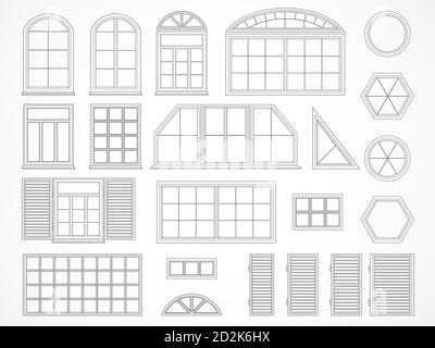 Vector set of black contours windows and shutters. Isolated. Icons. Stock Vector