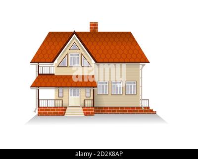 Vector illustration of detailed suburban family house with mansard. Wooden house. Isolated on white background. Stock Vector